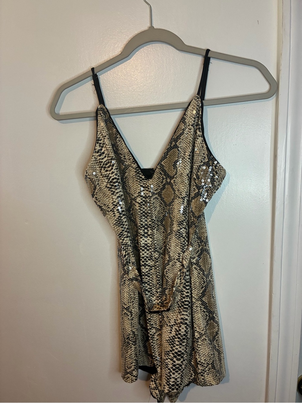 Snake Print Sequin Slip Dress - Beige - Picture 3 of 4